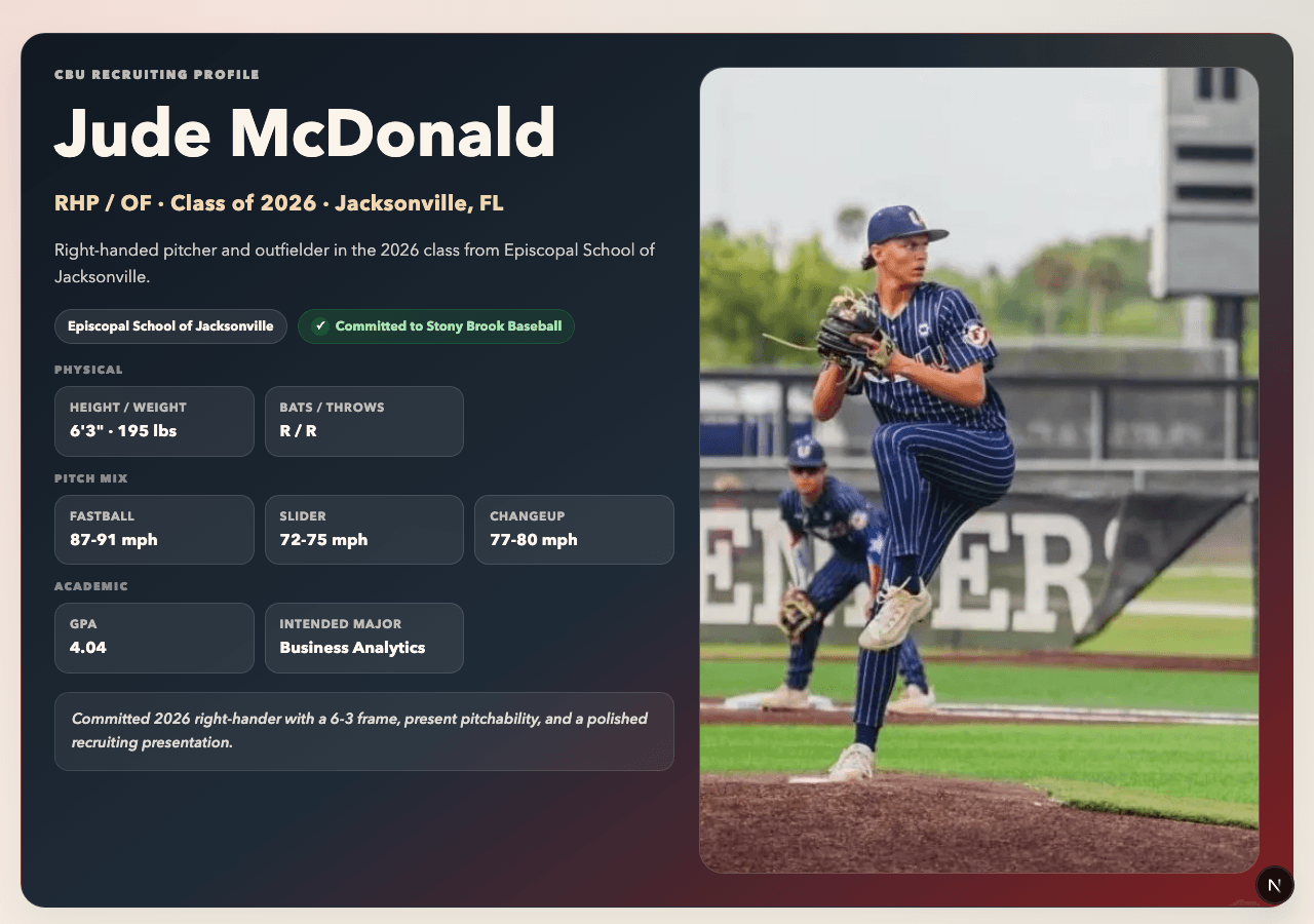 Sample CBU recruiting profile for Jude McDonald showing stats, photos, and recruiting links